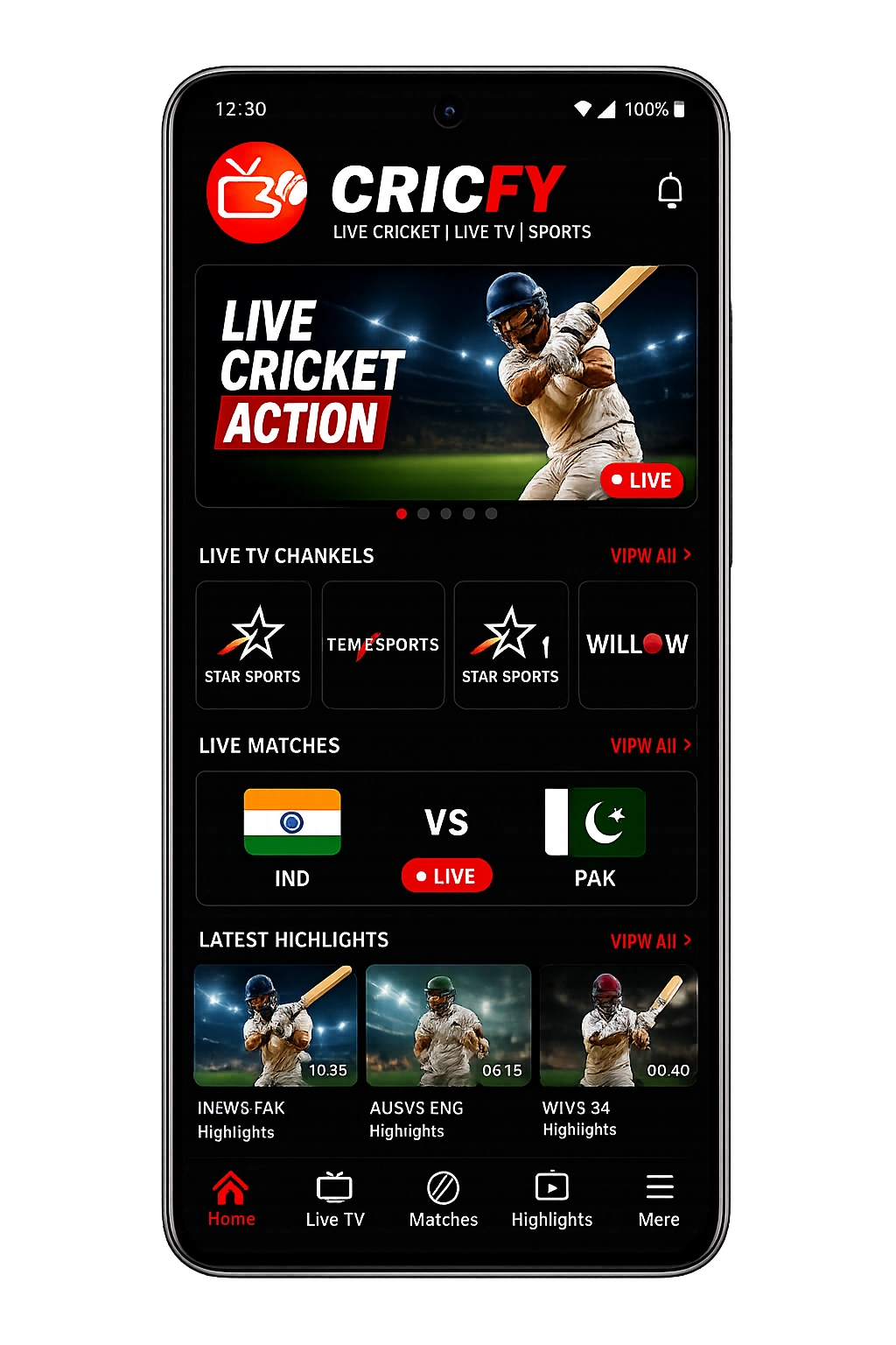 Cricfy TV Android application preview